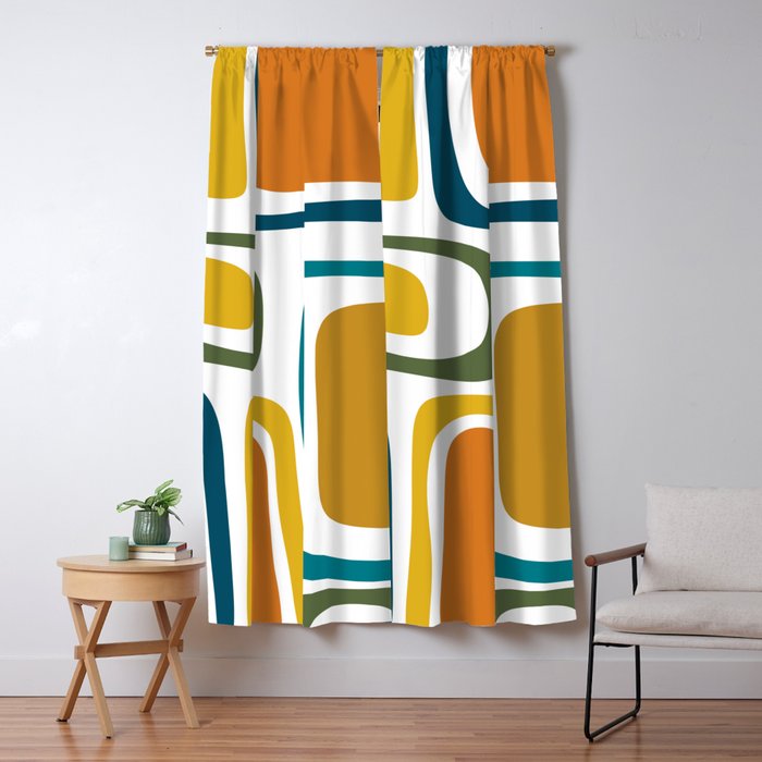 Palm Springs Midcentury Modern Abstract in Moroccan Teal, Orange, Mustard, Olive, and White Window Curtain Gallery Image 5