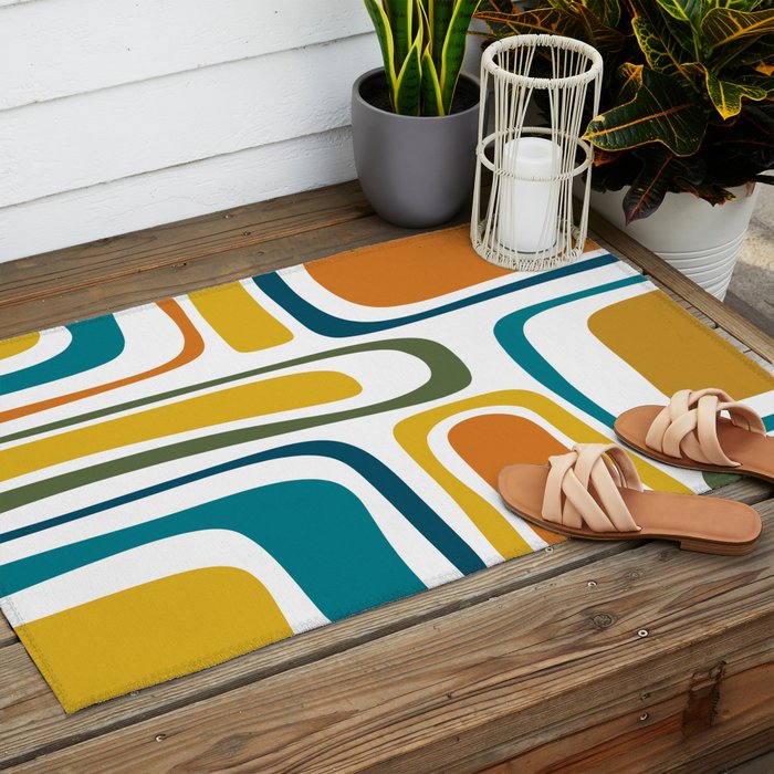 Palm Springs Midcentury Modern Abstract in Moroccan Teal, Orange, Mustard, Olive, and White Outdoor Rug Gallery Image 2