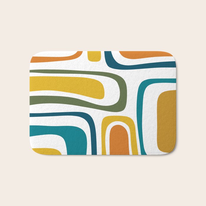 Palm Springs Midcentury Modern Abstract in Moroccan Teal, Orange, Mustard, Olive, and White Bath Mat Gallery Image 1