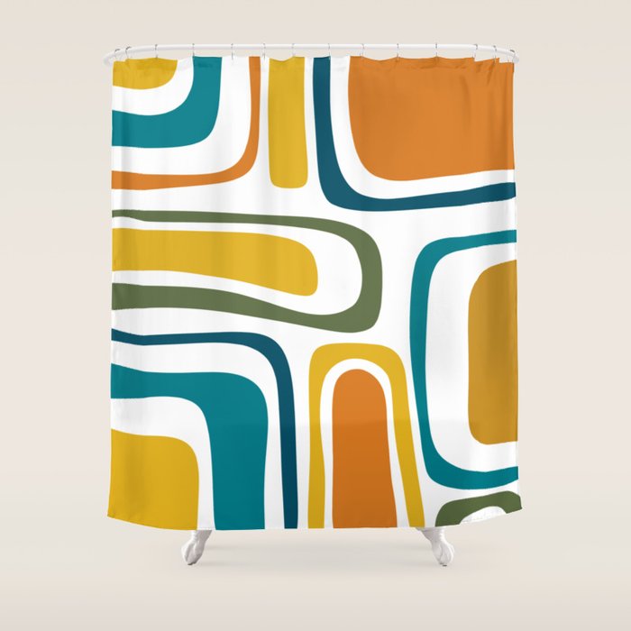 Palm Springs Midcentury Modern Abstract in Moroccan Teal, Orange, Mustard, Olive, and White Shower Curtain Gallery Image 1