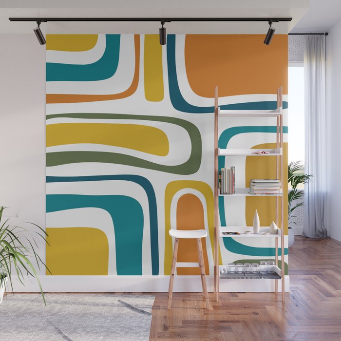 Palm Springs Midcentury Modern Abstract in Moroccan Teal, Orange, Mustard, Olive, and White Wall Mural Gallery Image 1