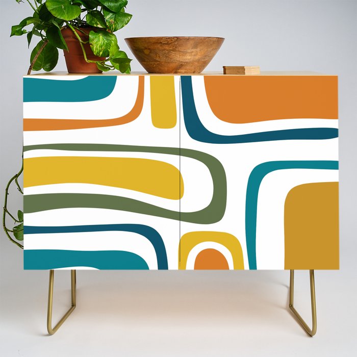 Palm Springs Midcentury Modern Abstract in Moroccan Teal, Orange, Mustard, Olive, and White Credenza Gallery Image 1