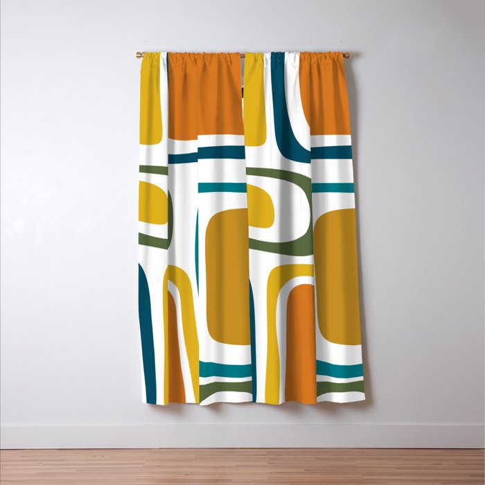 Palm Springs Midcentury Modern Abstract in Moroccan Teal, Orange, Mustard, Olive, and White Window Curtain Gallery Image 3