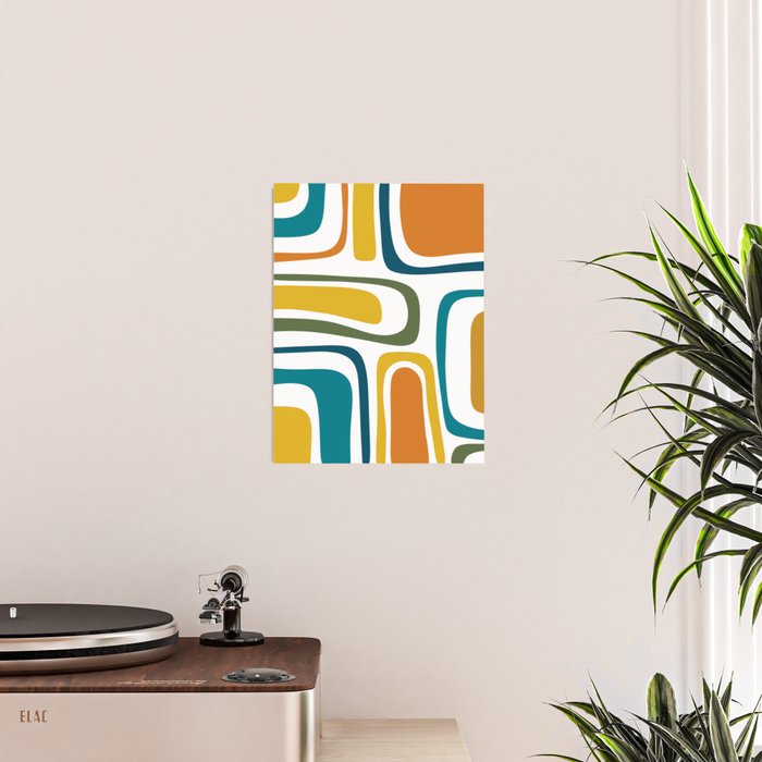 Palm Springs Midcentury Modern Abstract in Moroccan Teal, Orange, Mustard, Olive, and White Poster Gallery Image 2