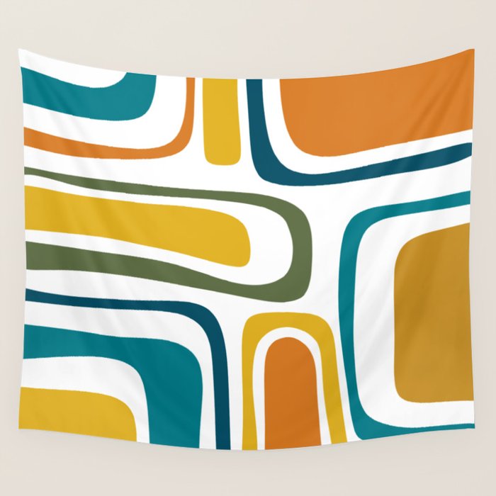 Palm Springs Midcentury Modern Abstract in Moroccan Teal, Orange, Mustard, Olive, and White Wall Tapestry Gallery Image 1