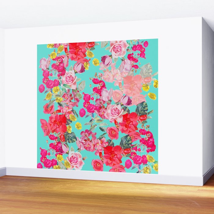 Bright Turquoise/Teal  Antique inspired Floral Print With Hot pink, baby Pink, Coral and Yellow Wall Mural Gallery Image 2