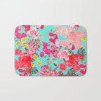 Bright Turquoise/Teal  Antique inspired Floral Print With Hot pink, baby Pink, Coral and Yellow Bath Mat Gallery Image 1