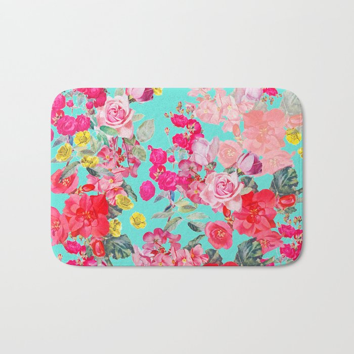 Bright Turquoise/Teal  Antique inspired Floral Print With Hot pink, baby Pink, Coral and Yellow Bath Mat Gallery Image 1
