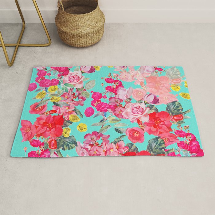 Bright Turquoise/Teal  Antique inspired Floral Print With Hot pink, baby Pink, Coral and Yellow Rug