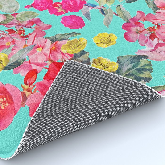 Bright Turquoise/Teal  Antique inspired Floral Print With Hot pink, baby Pink, Coral and Yellow Rug Gallery Image 4
