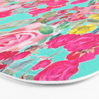Bright Turquoise/Teal  Antique inspired Floral Print With Hot pink, baby Pink, Coral and Yellow Bath Mat Gallery Image 3