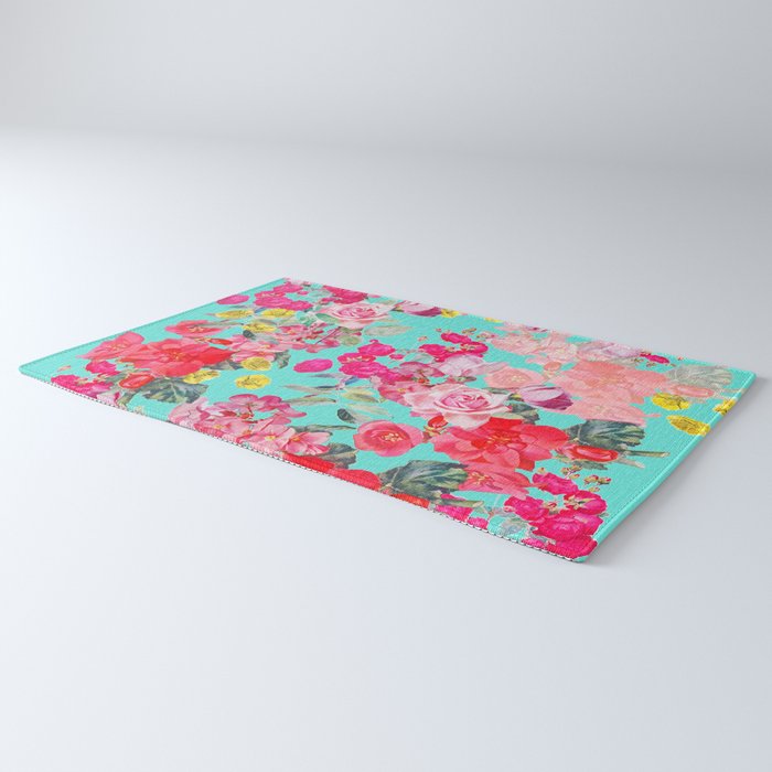 Bright Turquoise/Teal  Antique inspired Floral Print With Hot pink, baby Pink, Coral and Yellow Rug Gallery Image 3