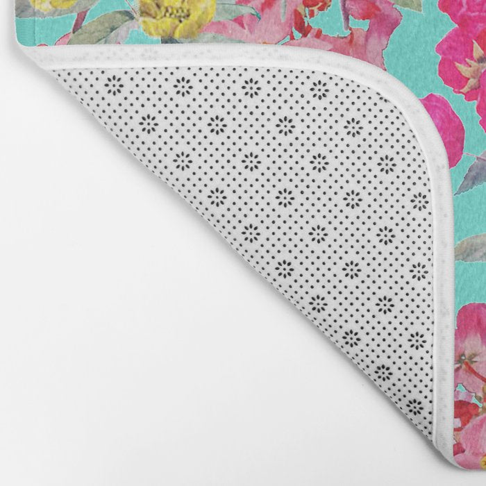 Bright Turquoise/Teal  Antique inspired Floral Print With Hot pink, baby Pink, Coral and Yellow Bath Mat Gallery Image 2