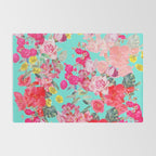 Bright Turquoise/Teal  Antique inspired Floral Print With Hot pink, baby Pink, Coral and Yellow Rug Gallery Image 2