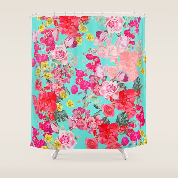 Bright Turquoise/Teal  Antique inspired Floral Print With Hot pink, baby Pink, Coral and Yellow Shower Curtain Gallery Image 1