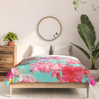 Bright Turquoise/Teal  Antique inspired Floral Print With Hot pink, baby Pink, Coral and Yellow Comforter Gallery Image 3
