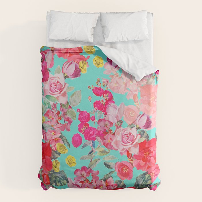 Bright Turquoise/Teal  Antique inspired Floral Print With Hot pink, baby Pink, Coral and Yellow Duvet Cover Gallery Image 1