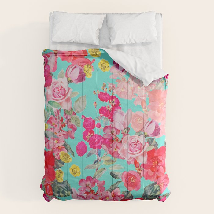 Bright Turquoise/Teal  Antique inspired Floral Print With Hot pink, baby Pink, Coral and Yellow Comforter