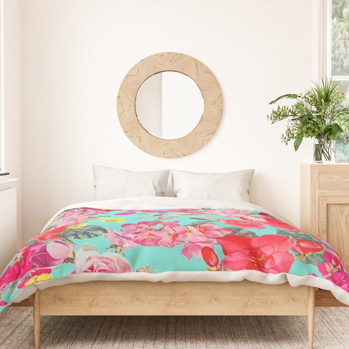 Bright Turquoise/Teal  Antique inspired Floral Print With Hot pink, baby Pink, Coral and Yellow Duvet Cover Gallery Image 3
