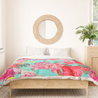 Bright Turquoise/Teal  Antique inspired Floral Print With Hot pink, baby Pink, Coral and Yellow Duvet Cover Gallery Image 3
