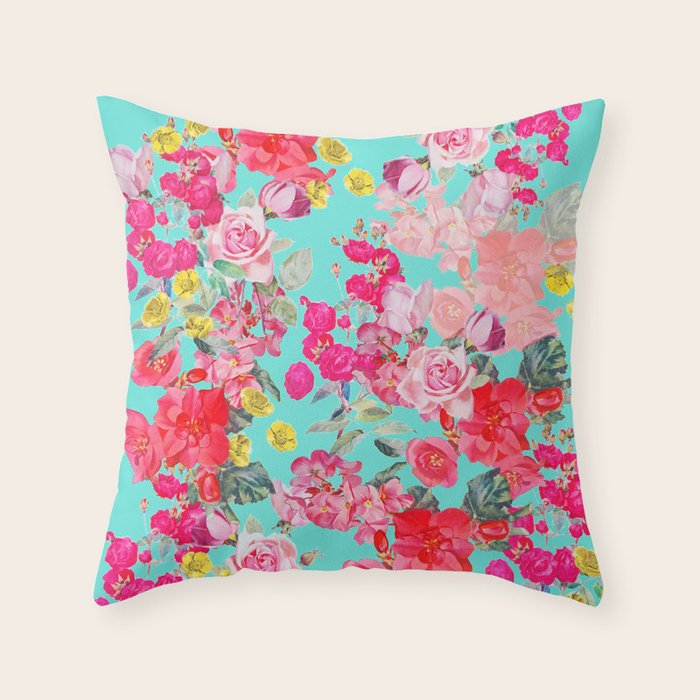 Bright Turquoise/Teal  Antique inspired Floral Print With Hot pink, baby Pink, Coral and Yellow Throw Pillow Gallery Image 1