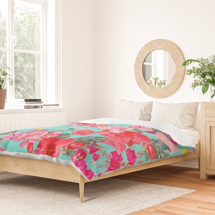 Bright Turquoise/Teal  Antique inspired Floral Print With Hot pink, baby Pink, Coral and Yellow Duvet Cover Gallery Image 2