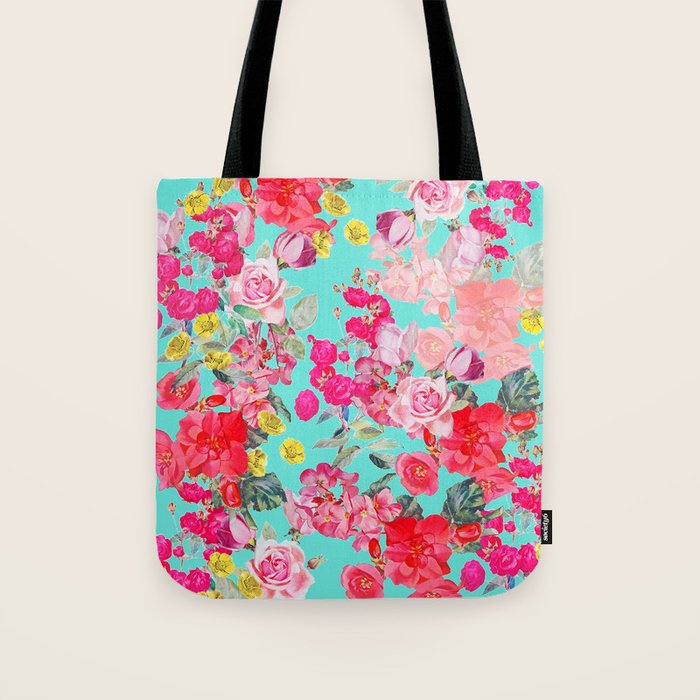 Bright Turquoise/Teal  Antique inspired Floral Print With Hot pink, baby Pink, Coral and Yellow Tote Bag Gallery Image 1