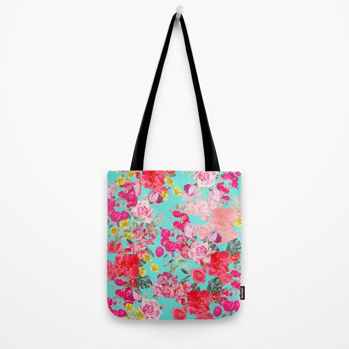 Bright Turquoise/Teal  Antique inspired Floral Print With Hot pink, baby Pink, Coral and Yellow Tote Bag Gallery Image 2