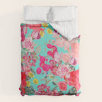 Bright Turquoise/Teal  Antique inspired Floral Print With Hot pink, baby Pink, Coral and Yellow Comforter Gallery Image 6