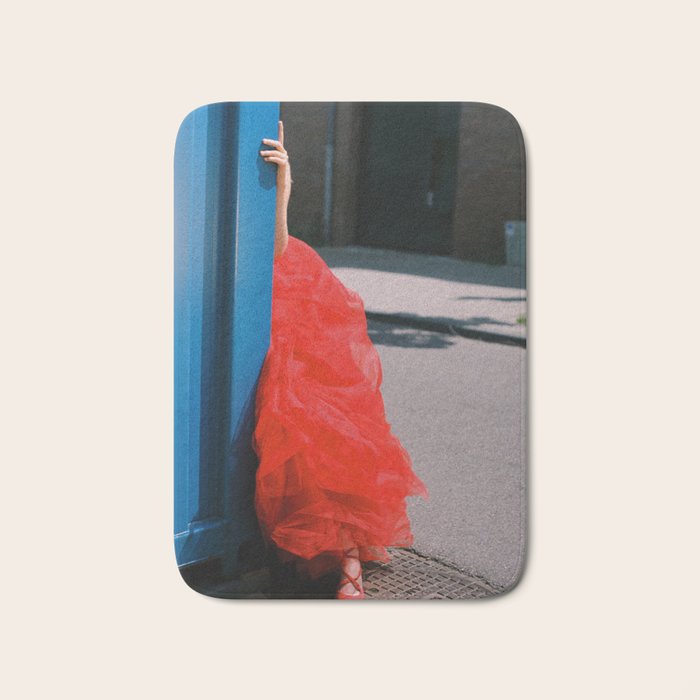 Red Dress and Shoes Peek | Fashion Editorial Bath Mat Gallery Image 1