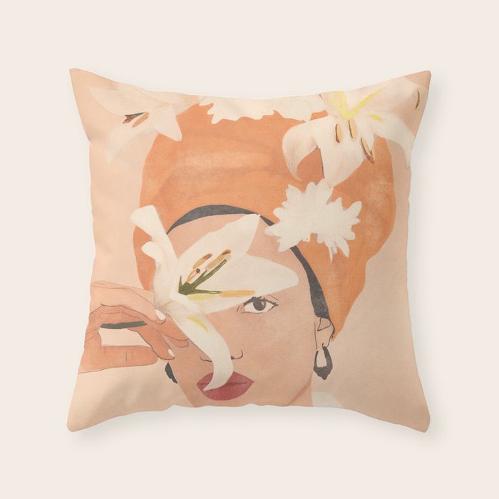 Girl with Flowers Illustration Throw Pillow Gallery Image 6