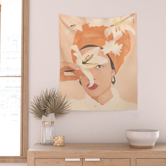 Girl with Flowers Illustration Wall Tapestry Gallery Image 2