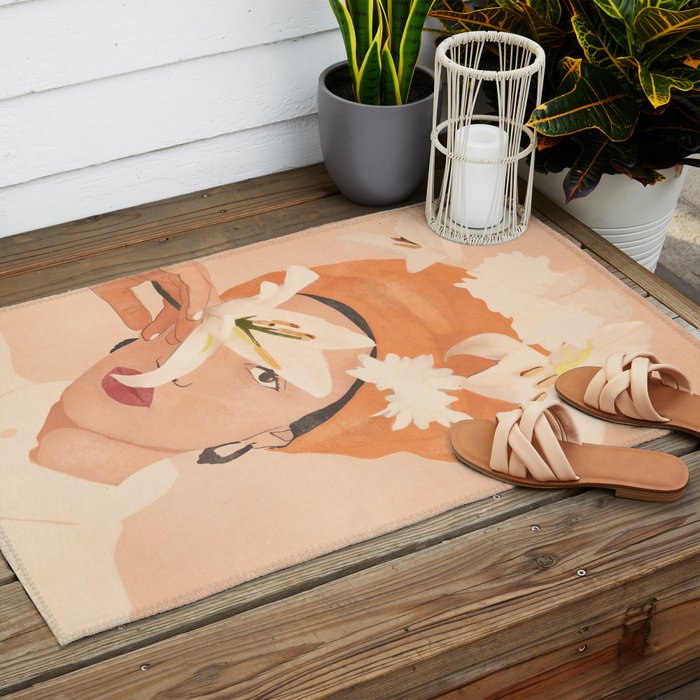 Girl with Flowers Illustration Outdoor Rug Gallery Image 2