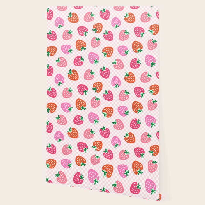 Strawberry Toss on Checks - Pink and Green Wallpaper Gallery Image 2
