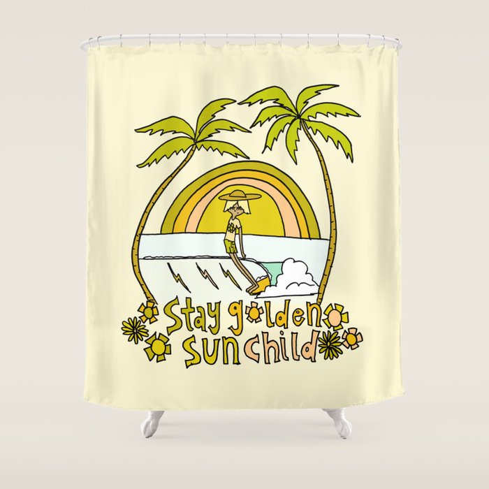 stay golden sun child surf dude //retro surf art by surfy birdy Shower Curtain Gallery Image 1