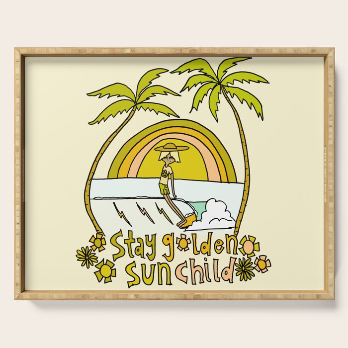 stay golden sun child surf dude //retro surf art by surfy birdy Serving Tray Gallery Image 1