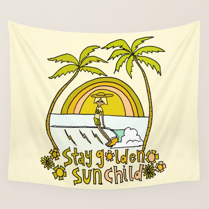 stay golden sun child surf dude //retro surf art by surfy birdy Wall Tapestry Gallery Image 4