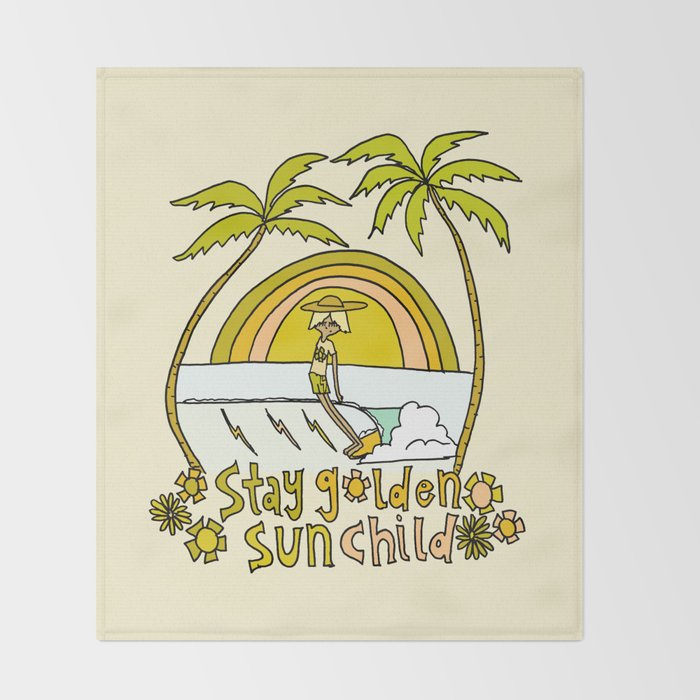 stay golden sun child surf dude //retro surf art by surfy birdy Throw Blanket Gallery Image 2