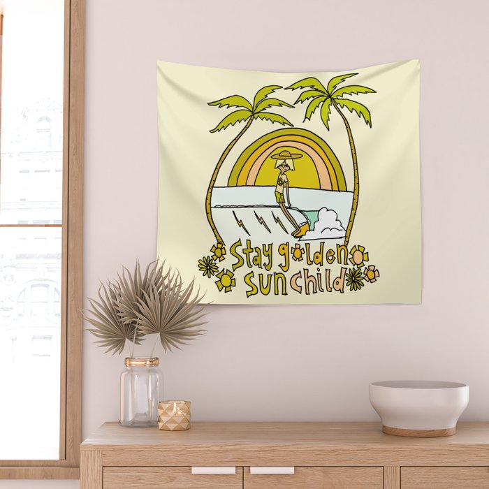 stay golden sun child surf dude //retro surf art by surfy birdy Wall Tapestry Gallery Image 2