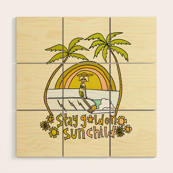 stay golden sun child surf dude //retro surf art by surfy birdy Wood Wall Art Gallery Image 1