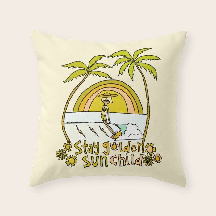 stay golden sun child surf dude //retro surf art by surfy birdy Throw Pillow Gallery Image 6