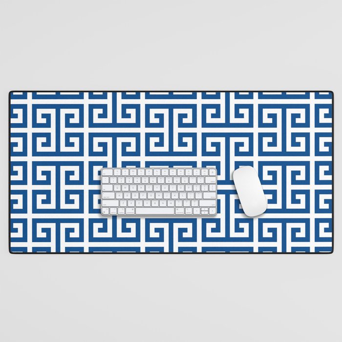 Denim Blue and White Greek Key Pattern Desk Mat Gallery Image 1