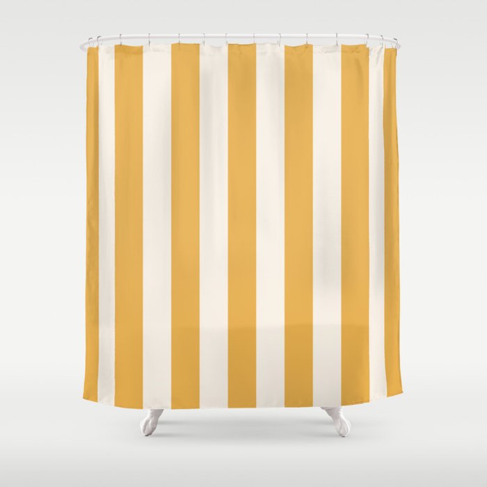 Mustard Yellow And Cream White Vertical Stripes Shower Curtain Gallery Image 1