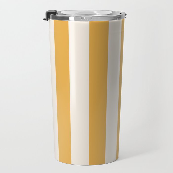 Mustard Yellow And Cream White Vertical Stripes Travel Mug Gallery Image 3