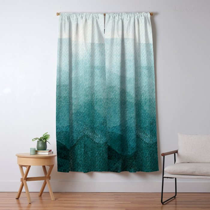 Sunrise in the mountains, dawn, teal, abstract watercolor Window Curtain Gallery Image 5
