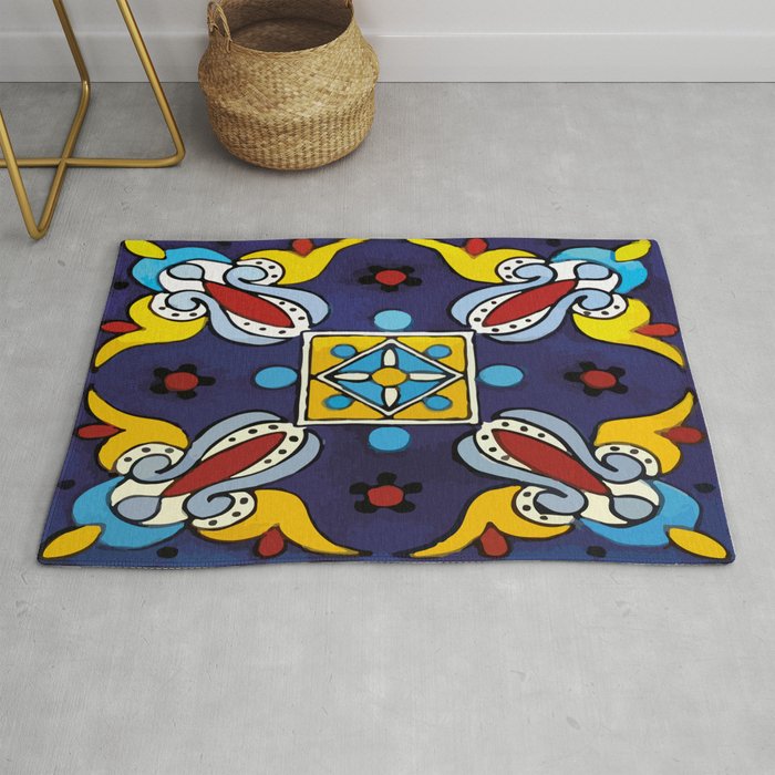 Abstract blue cruz mexican modern talavera tile wall Rug Gallery Image 1