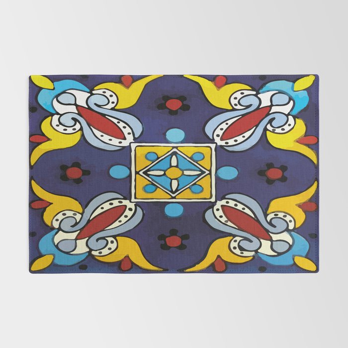 Abstract blue cruz mexican modern talavera tile wall Rug Gallery Image 2