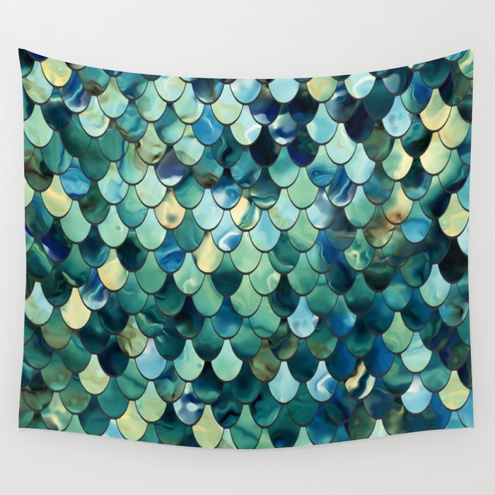 Mermaid Art, Sea Green, Ocean Blue Wall Tapestry Gallery Image 4
