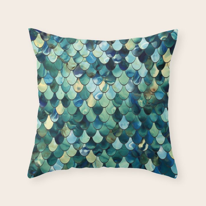 Mermaid Art, Sea Green, Ocean Blue Throw Pillow Gallery Image 1