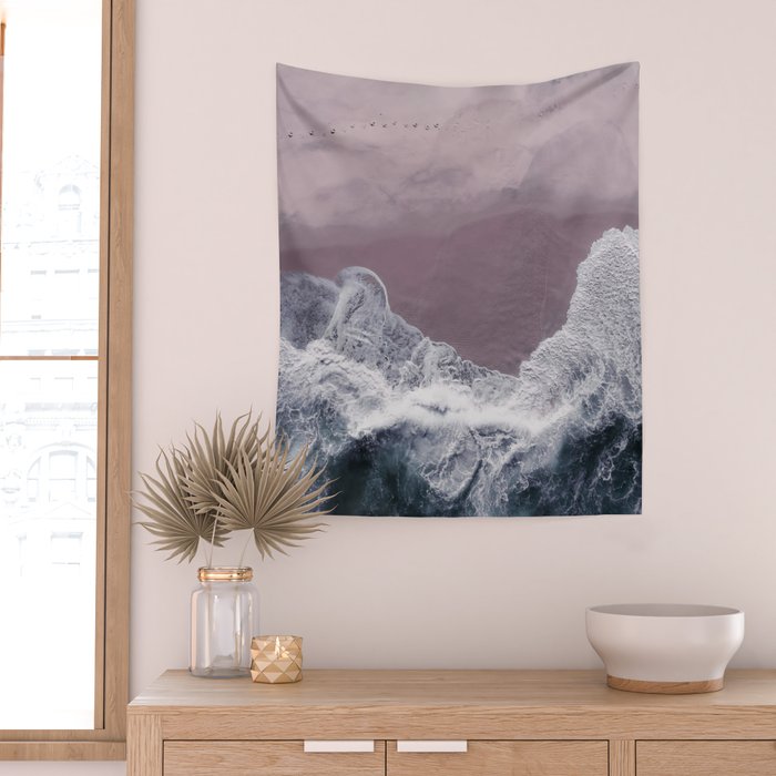 Minimal Aerial Beach -  Purple Sand -Ocean - Sea - travel photography  Wall Tapestry Gallery Image 2